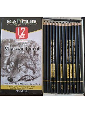 Kalour 12 Piece Black Charcoal Pencils Set 5 Soft 4 Medium & 3 Hard Professional